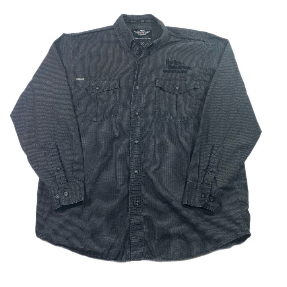 Harley Davidson Shirt Mens Gray Striped Black Label Button Up Embroidered LG Y2K